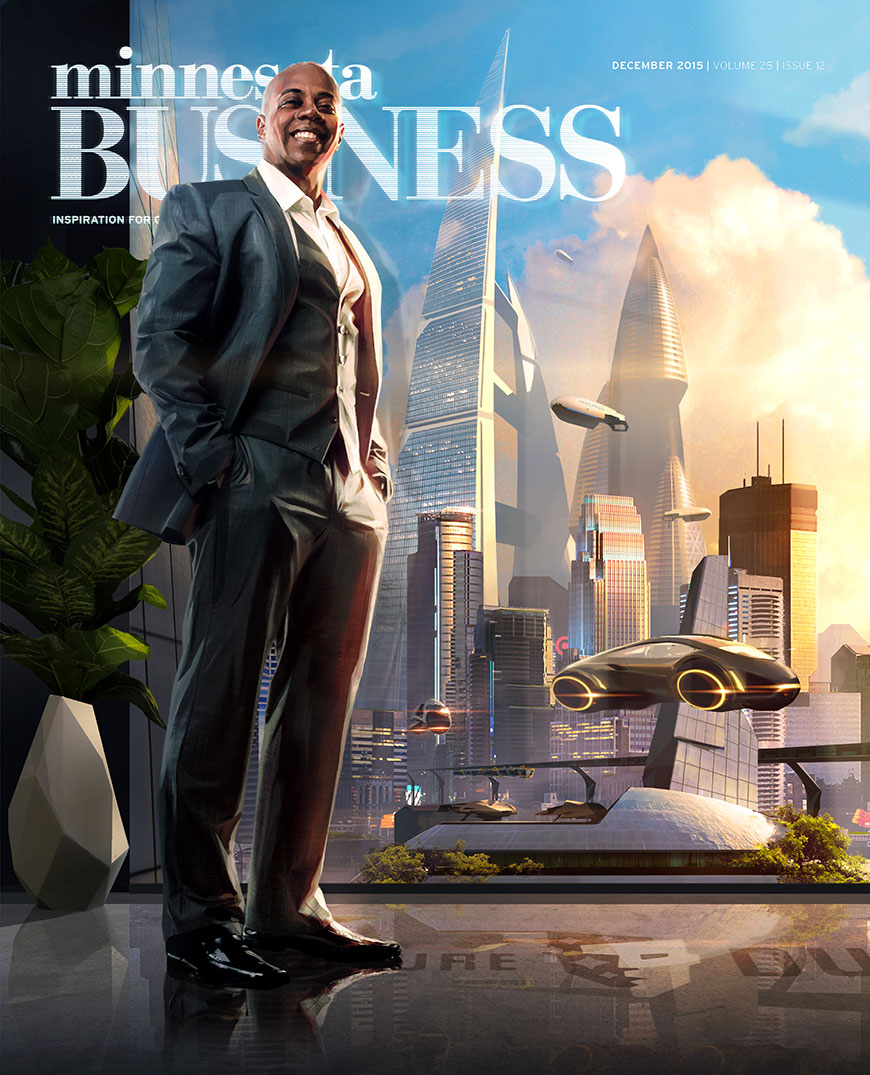 Founder Jeffrey Morris stands before a future Minneapolis on the cover of December's MN Business