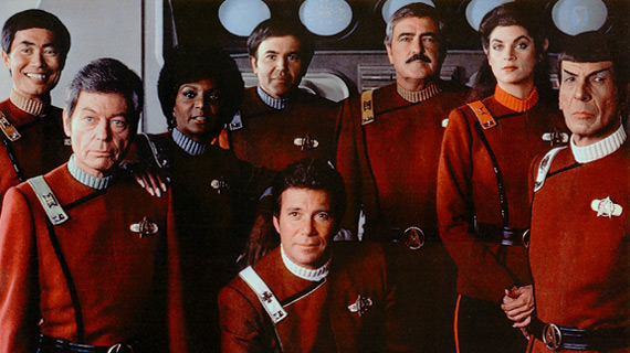 The original Star Trek cast in their more militaristic uniforms from the 1980s.