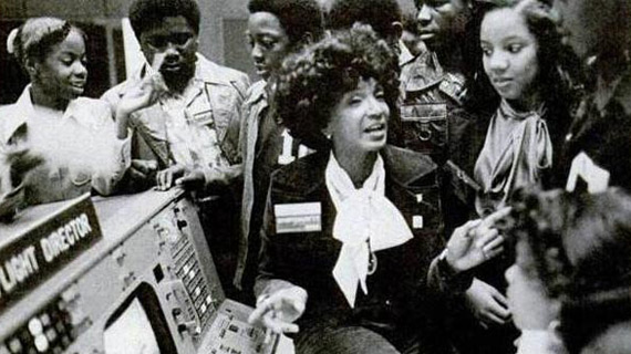 Ms. Nichols at NASA Mission Control during a recruiting session.