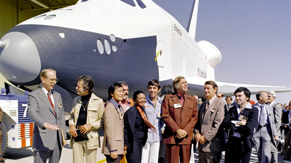 The cast of Star Trek (minus William Shatner) at the unveiling of the Space Shuttle Enterprise.