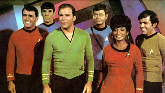 The cast of the original Star Trek (minus Sulu) which ran for 3 seasons from 1966 to 1969.