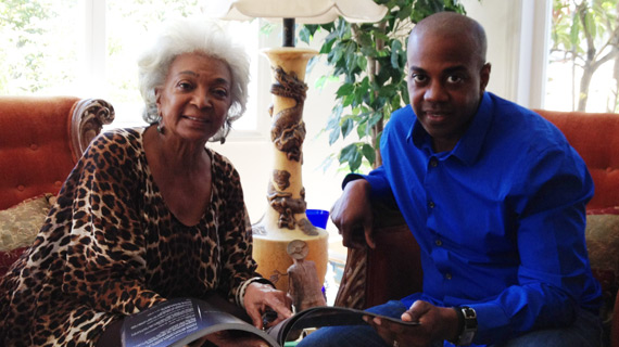 FutureDude Jeffrey Morris reads his book Slingshot with Actress Nichelle Nichols in her Los Angeles home.