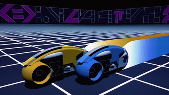 Two Lightcycles compete in the first major computer graphics film Tron.