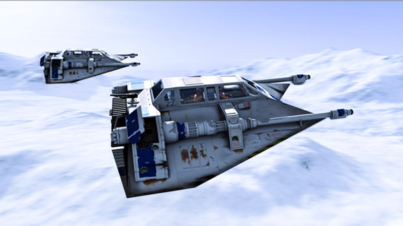 Rebel snowspeeders fly above the ice planet Hoth in The Empire Strikes Back.